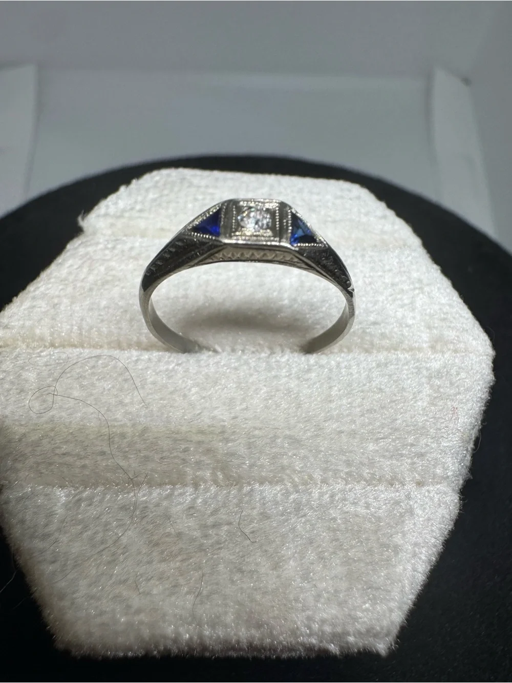 Antique Art Deco 1920s 14K White Gold Natural Sapphire & Diamond Ring Size 5.75